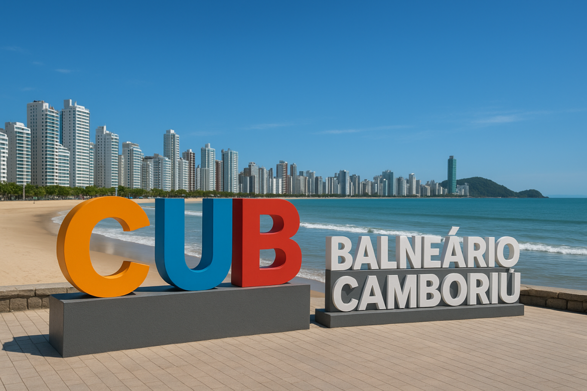 “Vista panorâmica da praia central de Balneário Camboriú, Santa Catarina, com arranha-céus modernos ao fundo e letreiro colorido com a sigla CUB em destaque, ideal para artigos sobre mercado imobiliário, custo de construção e turismo no litoral catarinense.”